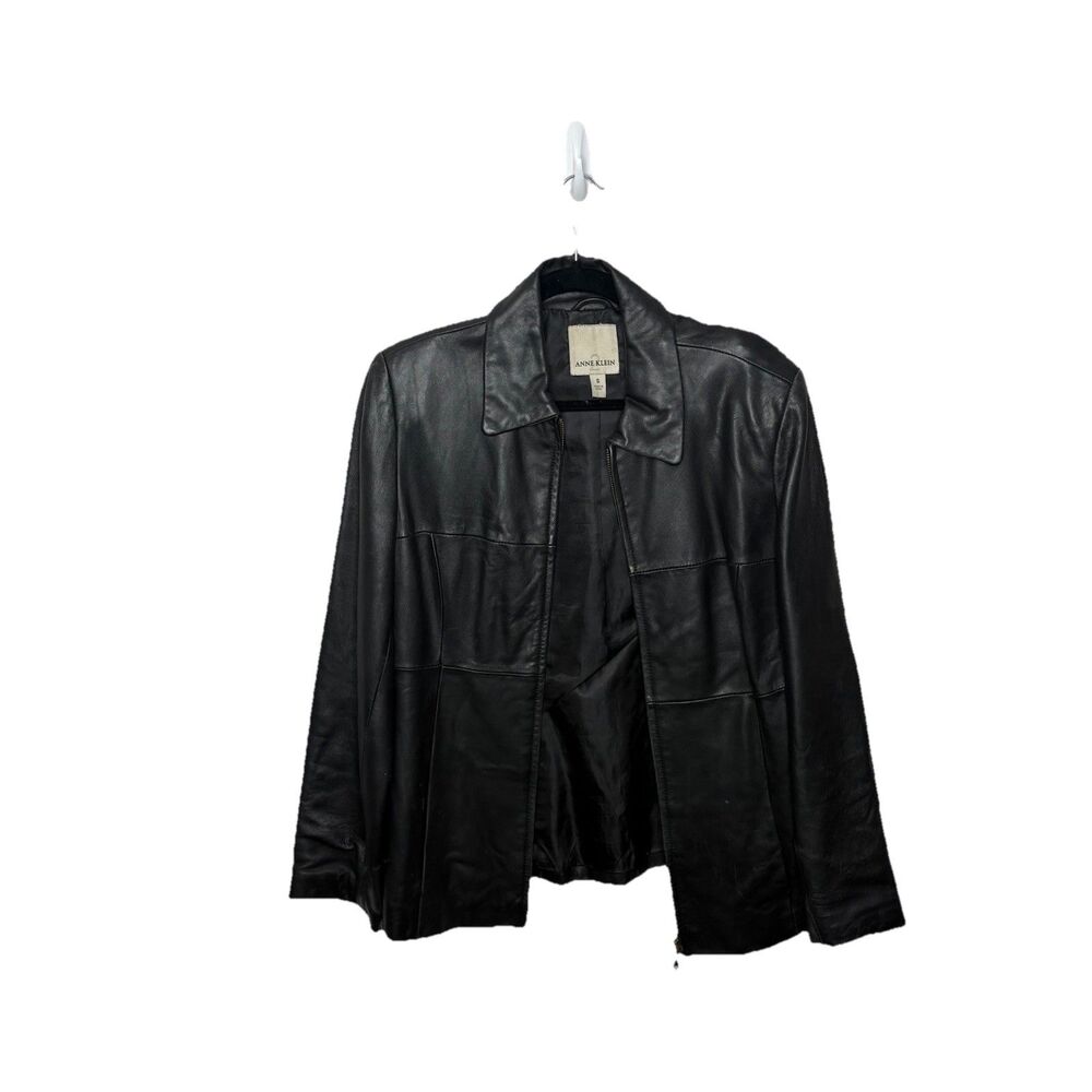 Anne Klein Black 100% Leather Jacket Zipper Collar Womens Size Small flaws